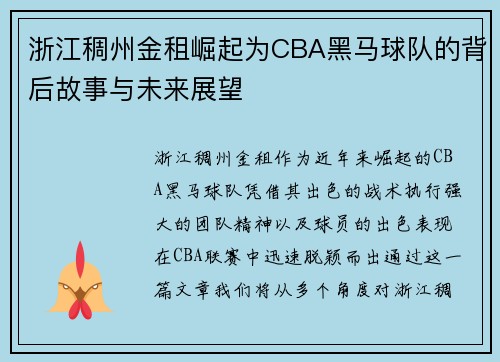 浙江稠州金租崛起为CBA黑马球队的背后故事与未来展望
