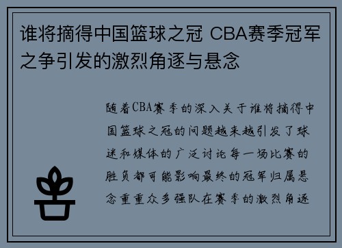 谁将摘得中国篮球之冠 CBA赛季冠军之争引发的激烈角逐与悬念